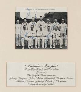 1948 ENGLAND TEAM, 1st Test v Australia at Trent Bridge, team picture with 12 signatures including Norm Yardley, Len Hutton, Denis Compton & Jim Laker, window mounted, framed & glazed, overall 35x38cm.