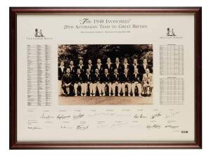 "THE 1948 INVINCIBLES, 20th AUSTRALIAN TEAM TO GREAT BRITAIN, 50th Anniversary Celebration - Adelaide, April 16th 1998", display comprising reprinted team photograph, with signatures of 9 surviving members on mount - Neil Harvey, Doug Ring, Bill Johnston,