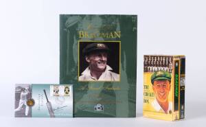 DON BRADMAN: Collection with signed "Australian Legends" FDC; books (16) including "Farewell to Bradman - A Final Tribute"; video set (2).