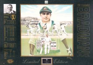 "A TRIBUTE TO THE DON 1908-2001", very large colour print by Brian Clinton, depicting Bradman playing his classic cover drive on the way to his record breaking innings of 334 at Headingley in 1930. The print is mounted with career details and is signed to