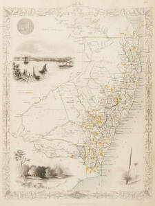 "New South Wales", map by Tallis [London, 1851] with the Gold Diggings coloured yellow, engraved vignettes & hand-coloured outlines, size 27x37cm. {Tooley.1223}.