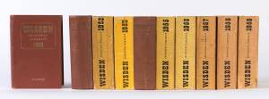 "Wisden Cricketers' Almanack"s for 1950-59. The 1950, 1951 & 1954 editions hardback, others with limp yellow covers. Fair/Good condition. (10 items).