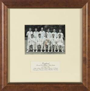 1963 ENGLAND TEAM, 2nd Test v West Indies at Lords, team photograph with 11 signatures including Ted Dexter, Fred Titmus & Ken Barrington (two faded), window mounted, framed & glazed, overall 41x41cm.