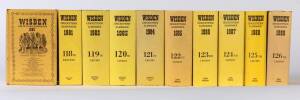 "Wisden Cricketers' Almanacks" for 1980-89. The 1980, 1982-85 & 1989 issues hardback, others with limp yellow covers. Fair/Good condition. (10 items).