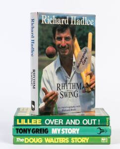 1980s CRICKET LIBRARY, noted "Rhythm and Swing" by Richard Hadlee (signed); "My Story" by Tony Greig (signed); "The Doug Walters Story" (signed); "Lillee - Over and Out!" by Dennis Lillee (signed). Mainly G/VG. (131 items).