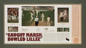 "CAUGHT MARSH, BOWLED LILLEE, lithographed print signed by Rod Marsh & Dennis Lillee, window mounted, framed & glazed, overall 88x55cm. With CoA.