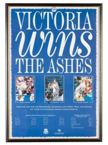 SIGNED CRICKET FRAMES, noted "Victoria Wins The Ashes" poster signed Merv hughes, Paul Reiffel & Shane Warne; 1985 World Championship of cricket photo of captains with 4 signatures - Clive Lloyd, Sunil Gavaskar, Duleep Mendis & Javed Miandad. (2 items).