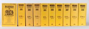 "Wisden Cricketers' Almanacks" for 1990-99. The 1992-99 issues hardback, others with limp yellow covers. Fair/Good condition. (10 items).