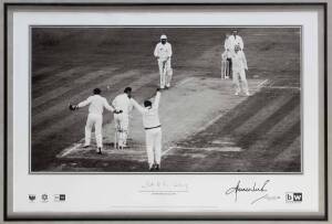 SHANE WARNE: Photograph "Ball of the Century" by Patrick Eagar, signed on mount by Shane Warne, limited edition 375/500, window mounted, framed & glazed, overall 93x73cm.