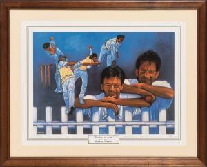 STEVE & MARK WAUGH, print "Brothers in Arms", by Graham Sinclair, signed by Steve & mark Waugh & the artist, limited edition 313/1000, window mounted, framed & glazed, overall 82x67cm.