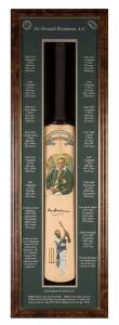 DON BRADMAN, display "Sir Donald Bradman A.C.", with signature on full size Cricket Bat, also with two hand-painted portraits on blade, mounted in attractive display case with 'The Bradman World Records', overall 34x109cm. Fine condition.