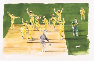 1999 WORLD CUP: Original watercolour by Harv (Paul Harvey) depicting Australia's historic semi-final victory against South Africa, size 56x37cm.