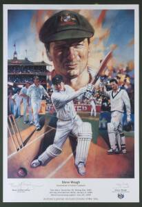 STEVE WAUGH, print "Steve Waugh - Australian Cricket Captain" by Mark Sofilas, signed by Steve Waugh & the artist and numbered 147/1500, window mounted, framed & glazed, overall 82x107cm. With CoA.