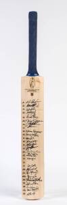 2002 AUSTRALIA XI v THE WORLD XI, full size Cricket Bats (4), each with title "International Cricket Classic 2002, Tenth Anniversary, Australia vs The World" and players names on face, and 27 signatures including Kim Hughes, Jeff Thomson, Doug Walters, Jo