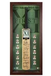 2004-05 AUSTRALIAN TEAM, display "First Eleven, Australia 2004/05", comprising full size Cricket Bat with 12 signatures including Ricky Ponting, Adam Gilchrist, Glenn McGrath, Brett Lee & Shane Warne, in wood/perspex display case, overall 51x105cm. Limite