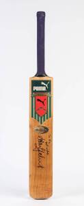 SIGNED CRICKET BATS, one signed & endorsed by Adam Gilchrist; another with 4 signatures including Ian Healy, Paul Reiffell & Tim May. (2 items).