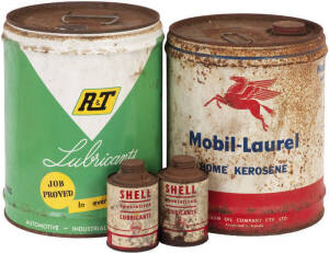 OIL & PETROL TINS: Collection with Texaco 1 quart oil bottle with tin pourer top; Golden Fleece tin pourer; Ampol plastic pourer; group of kerosene/fuel cans (12) of various brands including Shell, Mobil-Laurel and B&T. Mixed condition.