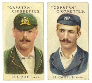 1907 Wills (Australia) "Prominent Australian & English Cricketers" (1-50), part set [36/50]; Grey captions (51-73) [10/23]; Red captions (66-73) [4/8]; plus various spares (23). Condition varies, mainly Fair/VG. (Total 73).