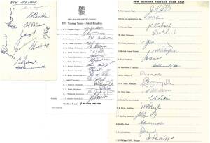 NEW ZEALAND: 1949 autograph page with 11 signatures; plus official team sheets for 1958 & 1973 (2). Mainly G/VG. (4 items).