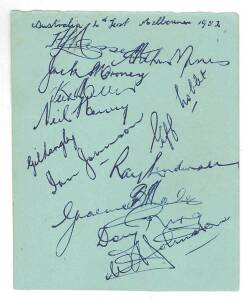 1951-52 Australian Team, 4th Test v West Indies Team at MCG, autograph page with 12 signatures including Lindsay Hassett (captain), Keith Miller & Ray Lindwall.