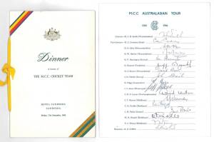 1965-66 England team, official team sheet with 17 signatures including Mike Smith, Colin Cowdrey & Geoff Boycott; plus menu "Dinner in honour of The M.C.C. Cricket Team, Hotel Canberra, Canberra. Friday 17th December 1965".