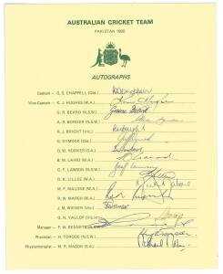 1980 Australian Team to Pakistan, official team sheet with 17 signatures including Greg Chappell, Kim Hughes, David Hookes & Dennis Lillee. Good condition.