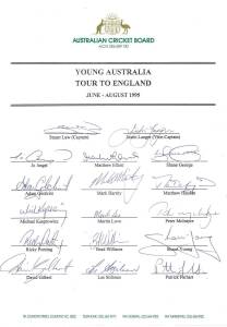 1995 Young Australian Team to England, official team sheet with 17 signatures including Stuart Law, Adam Gilchrist & Ricky Ponting. Fine condition.