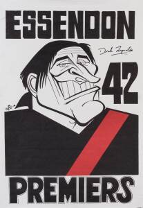 DICK REYNOLDS (Essendon), nice signature on Weg "Essendon 1942 Premiers" poster, with caricature of Dick Reynolds, size 45x64cm.