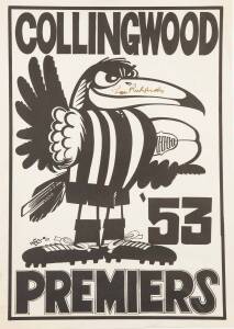 FOOTBALL PRINTS & PAGES, noted "Collingwood 53 Premiers" print signed Lou Richards; "Grabs and Goals" print signed Gary Moorcroft; c1947-56 newspaper pages with VFL reports; 1963 "Age" celebrating Geelong's premiership; 1987 North Adelaide Premiership pri