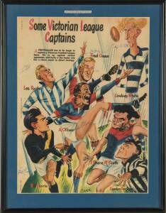 "Some Victorian League Captains", colour supplement from 'Sporting Life' in 1950, with 7 signatures including Les Foote, Bill Morris & Gordon Hocking, window mounted framed & glazed, overall 36x46cm.