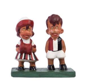 GINGER MEGGS & MINNIE PETERS FIGURINE, painted in StKilda colours, plaster, made c1950s. 22cm high, on base 23x10cm. Minor chips, generally G/VG condition.