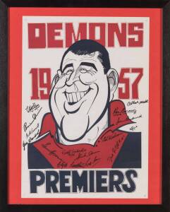 MELBOURNE: "Demons 1957 Premiers" Weg caricature poster, with 12 signatures including Ron Barassi, Brian Dixon, Dick Fenton-Smith, John Beckwith, Colin Wilson & Clyde Laidlaw, mounted, framed & glazed, overall 61x76cm. Also Demons wall hanging.