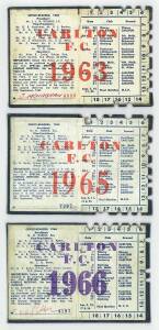 CARLTON: Member's Season Tickets for 1963, 1965 & 1966, each with fixture list & hole punched for each game attended. (3 items).