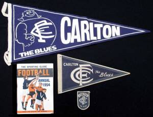 CARLTON: c1960s Carlton pennants (2) & cloth badge; plus "The Sporting Globe Football Annual 1954".