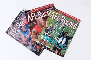 FOOTBALL RECORDS & BOOKS:&nbsp;2005-11 "Football Record"s, noted home & away (130), finals (34) & Grand Finals (7); plus "Inside Football" (49 issues c1971-76); books & season guides (23), magazines/yearbooks (9), DVDs (2). Fair/G condition.