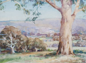 ATHOL MATSON NICHOLAS (Australia 1942-). Australian school landscape water colour in gilt frame. Pencil signature lower right. 24 x 20cm.