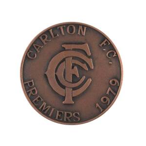 1979 CARLTON PREMIERS MEDAL, bronze medal, 38mm diameter, with "V.F.L.Grand Final/ (Premiership Cup)/ 1979" on front, and "Carlton F.C./ (CFC emblem)/ Premiers 1979" on reverse.