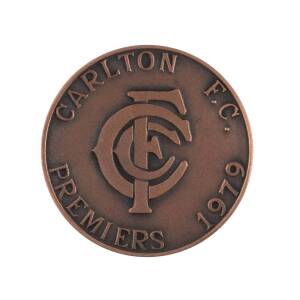 1979 CARLTON PREMIERS MEDAL, bronze medal, 38mm diameter, with "V.F.L.Grand Final/ (Premiership Cup)/ 1979" on front, and "Carlton F.C./ (CFC emblem)/ Premiers 1979" on reverse.