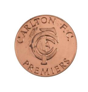 1981 CARLTON PREMIERS MEDAL, bronze medal, 38mm diameter, with "V.F.L.Grand Final/ (Premiership Cup)/ 1981" on front, and "Carlton F.C./ (CFC emblem)/ Premiers" on reverse.