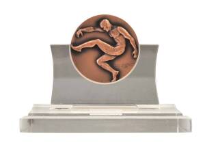 1985 ESSENDON PREMIERSHIP MEDAL, front design of a footballer by Andor Meszaros (1900-72, who had also designed 1956 Melbourne Olympics medals), reverse shows players names in their positions surrounded by text "Victorian Football League/ Essendon Premier