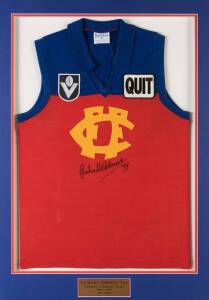 ROSS THORNTON'S FITZROY JUMPER, number "4", match worn Fitzroy v Richmond at MCG in 1989, signed on front by Richard Osborne, window mounted, framed & glazed, overall 77x103cm. With Fitzroy CoA. [Ross Thornton played 146 games for Fitzroy 1980-89].