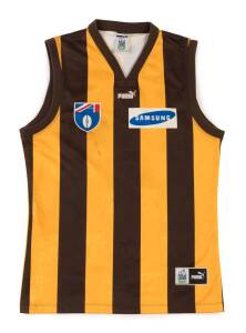 MARK GRAHAM'S HAWTHORN JUMPER, match worn from 1999 season, with number "34" and signature on reverse. [Mark Graham played 243 matches for Hawthorn 1993-2004 & Richmond 2005]. With Hawthorn Football Club CoA.
