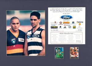 FOOTBALL DISPLAYS, noted Shane Crawford signature on 1999 Brownlow Medal dinner menu; flag signed by 2003 Australian "International Rules" team with 28 signatures including Gary Lyon (coach), Barry Hall, Brent Harvey, Matthew Pavlich, Glen Jakovich & Lenn