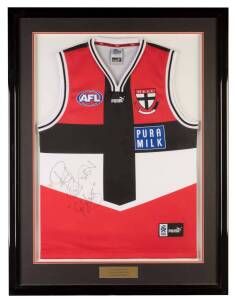 PETER "SPIDA" EVERITT'S ST.KILDA JUMPER, match worn, with number "10" on reverse, signed on front from the 2000 season, framed & glazed, overall 75x99cm. Plus "Peter Everitt 2001 Club Champion" signed display, framed (no glass), 57x42cm. [Peter Everitt pl