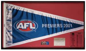 BRISBANE LIONS: 2001 AFL Premiers display with "PREMIERS 2001" flag with 23 signatures,&nbsp;limited edition 11/100,&nbsp;window mounted, framed & glazed, overall 155x90cm.