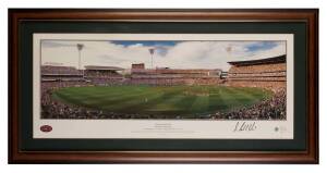 BRISBANE LIONS: 2001 AFL Grand Final print, signed by Michael Voss, window mounted, framed & glazed, overall 114x57cm.