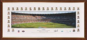 BRISBANE LIONS: "3-PEAT" print, signed by Michael Voss, limited edition 339/500, window mounted, framed & glazed, overall 113x54cm.