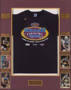 BRISBANE LIONS: Framed displays, noted Grand Finalist 2004 T-shirt with 3 signatures; signed displays of Daryl White & Justin Leppitsch; Weg posters (block mounted) for 2001, 2002 & 2003; team posters for 2001 & 2002. Various sizes. (8 items).
