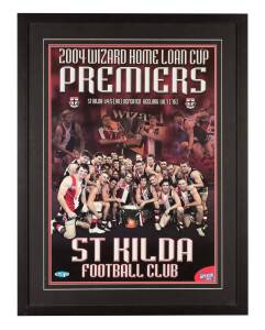 NICK RIEWOLDT'S ST.KILDA JUMPER, match worn from 2004 Wizard Cup Grand Final, with number "12" & signature on reverse. With St.Kilda FC CoA. Also poster "2004 Wizard home Loan Cup Premiers", framed & glazed, overall 65x85cm. (2 items).