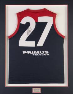 JARED RIVERS' MELBOURNE JUMPER, match worn in Queens Birthday match 13th June 2005, with number "27" & signature on reverse, window mounted, framed & glazed, overall 78x98cm. [Jared Rivers played 150 matches for Melbourne 2003-2012, and 44 matches for Gee